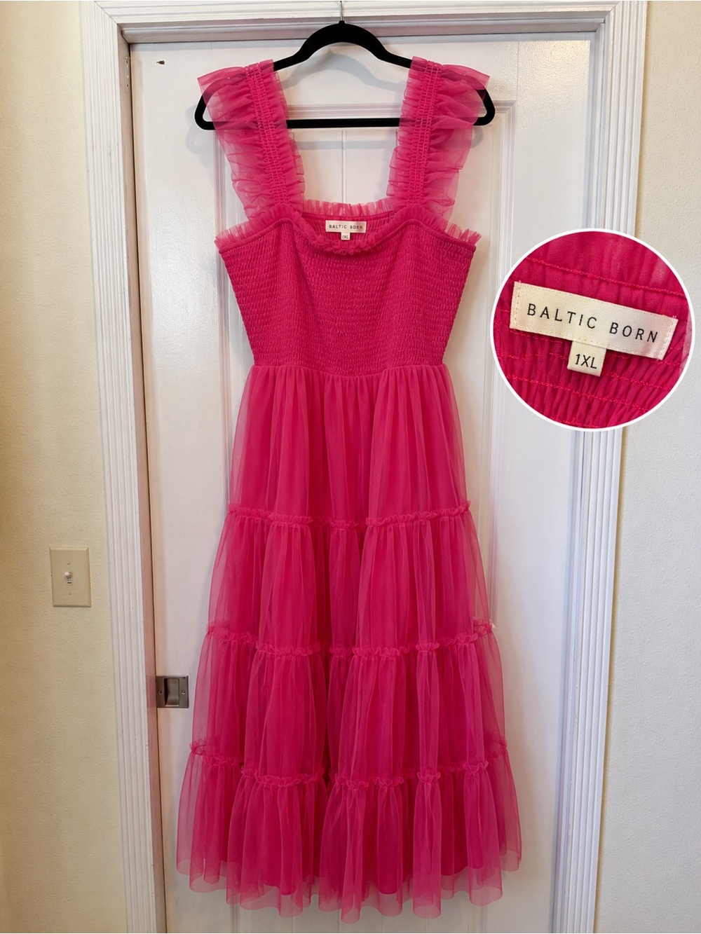 Baltic Born women’s Fuchsia Tulle Ruffle Maxi Dress